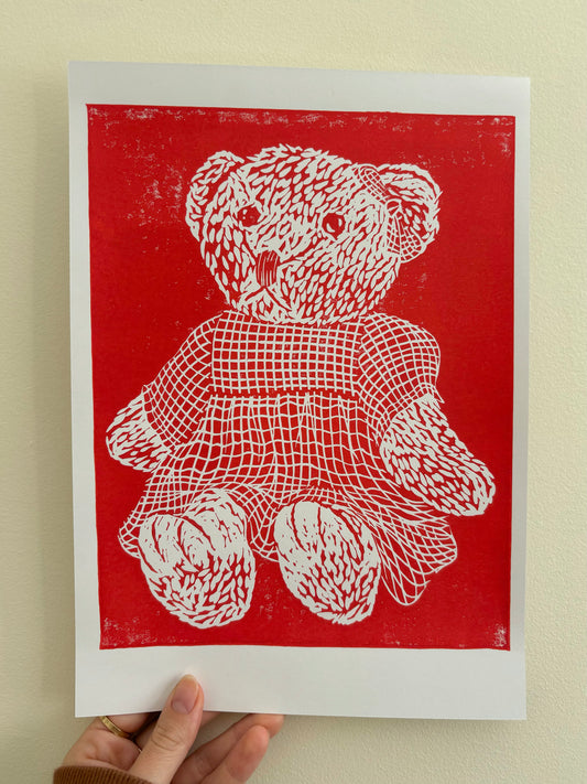 Red Bear Linoleum Print