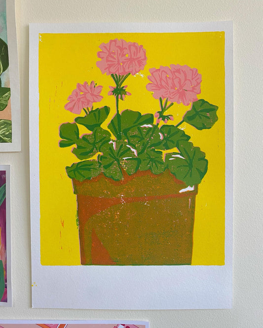 Geranium Reduction Linoleum Print