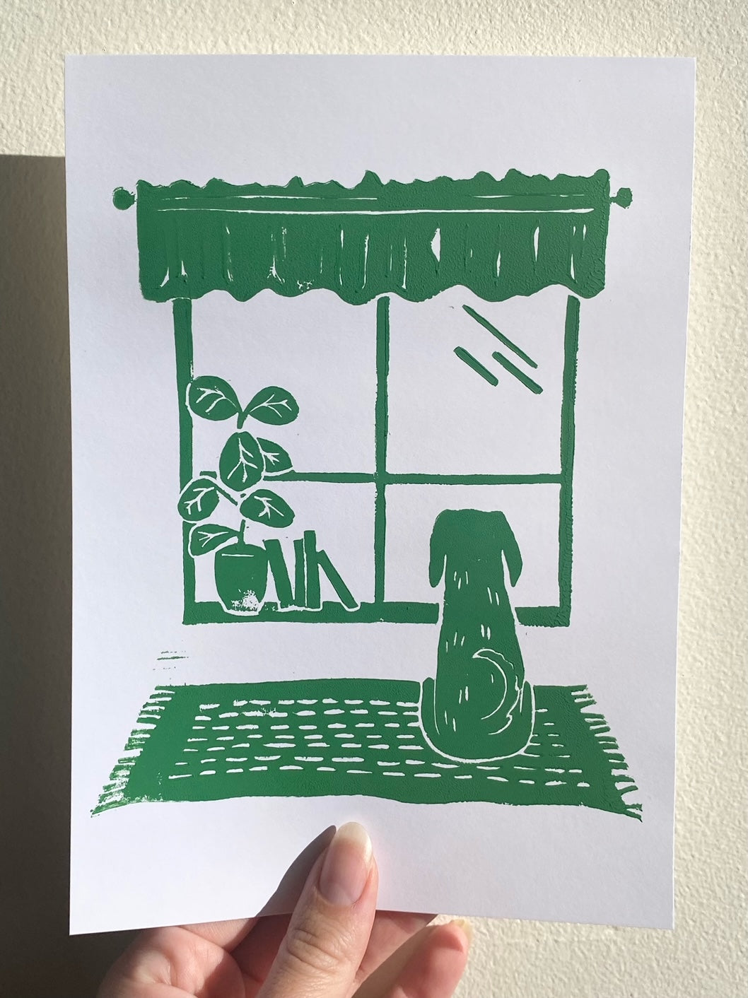 Dog in a Window Linoleum Print A5