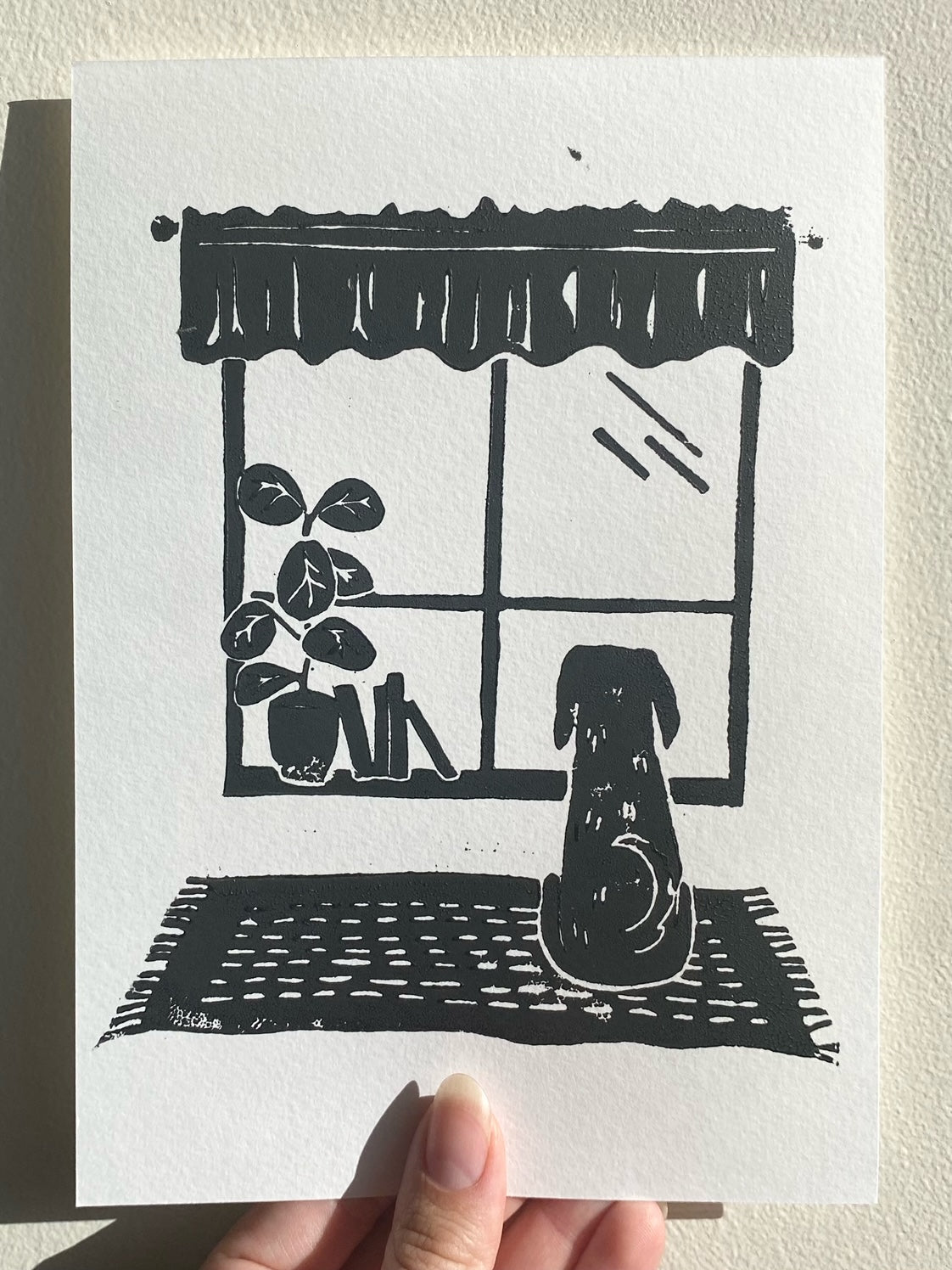 Dog in a Window Linoleum Print A5